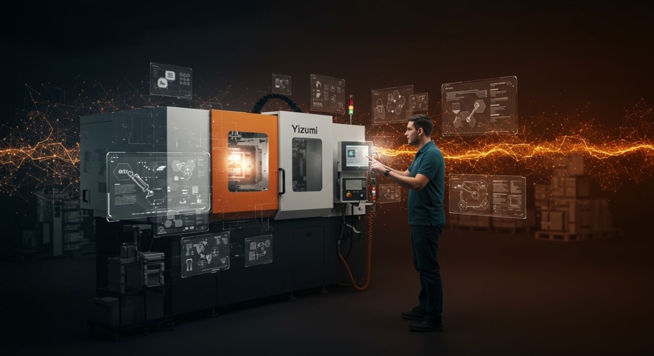 Emprendedor pyme interactuando con tecnología avanzada de moldeo y automatización Yizumi en manufactura inteligente con IA en México.