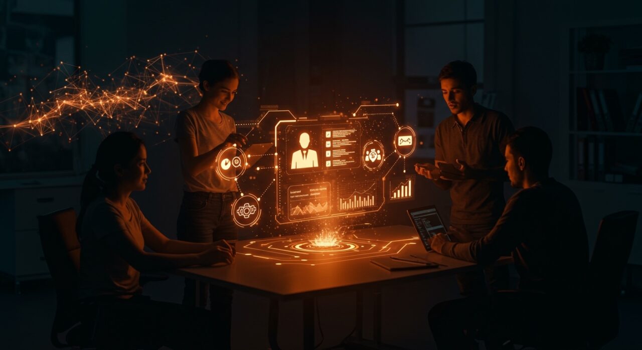 Automatización no-code con IA en startups mostrando flujos de trabajo naturales y colaborativos para optimizar productividad tecnológica.