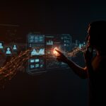 Founder tecnológico interactuando con interfaces digitales que integran automatización, IA y estrategias de bienestar mental en startups de LATAM.