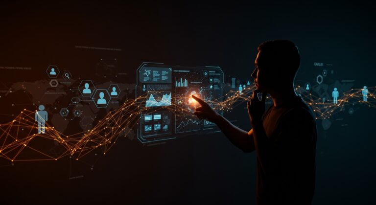 Founder tecnológico interactuando con interfaces digitales que integran automatización, IA y estrategias de bienestar mental en startups de LATAM.