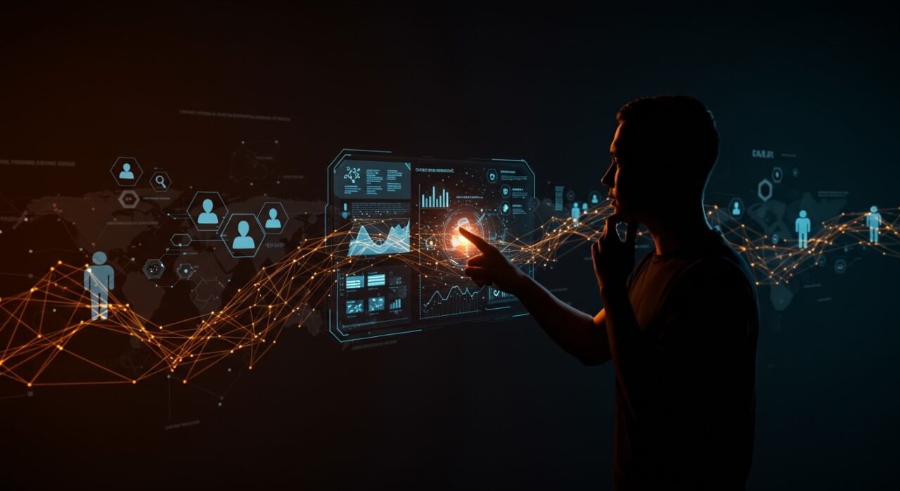 Founder tecnológico interactuando con interfaces digitales que integran automatización, IA y estrategias de bienestar mental en startups de LATAM.