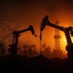 Impacto de la automatización y riesgos geopolíticos en la energía global con simbolismo de huelgas y tecnología avanzada.