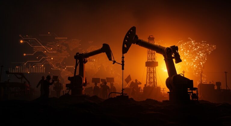 Impacto de la automatización y riesgos geopolíticos en la energía global con simbolismo de huelgas y tecnología avanzada.