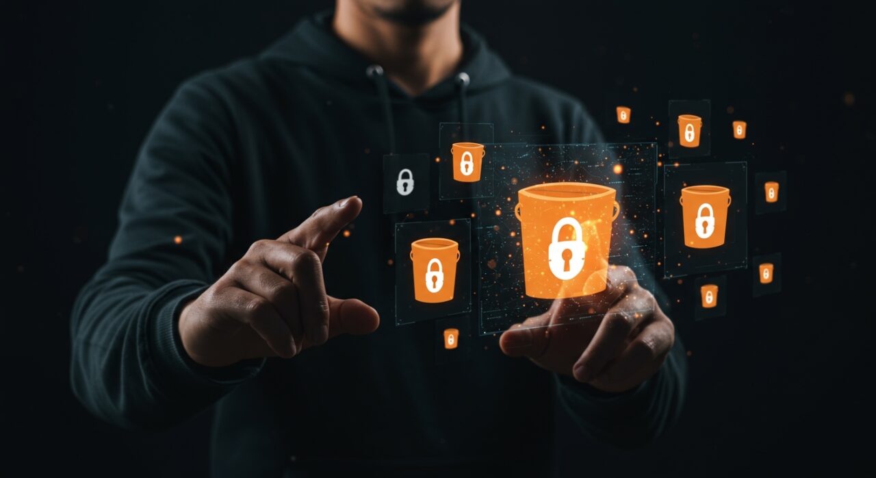 Interfaz holográfica que ilustra la seguridad en la nube con namespaces regionales de AWS S3 para eliminar bucketsquatting.