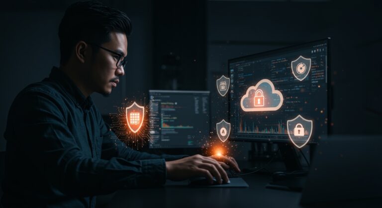Ingeniero de seguridad en nube monitoreando Azure WAF, simbolizando la transición de modo detección a prevención y cumplimiento PCI DSS para startups.