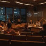 Grupo de startups entrenando en la Universidad de Deusto preparándose para B-Venture 2026 en Bilbao con metáforas visuales de crecimiento y ecosistema emprendedor.