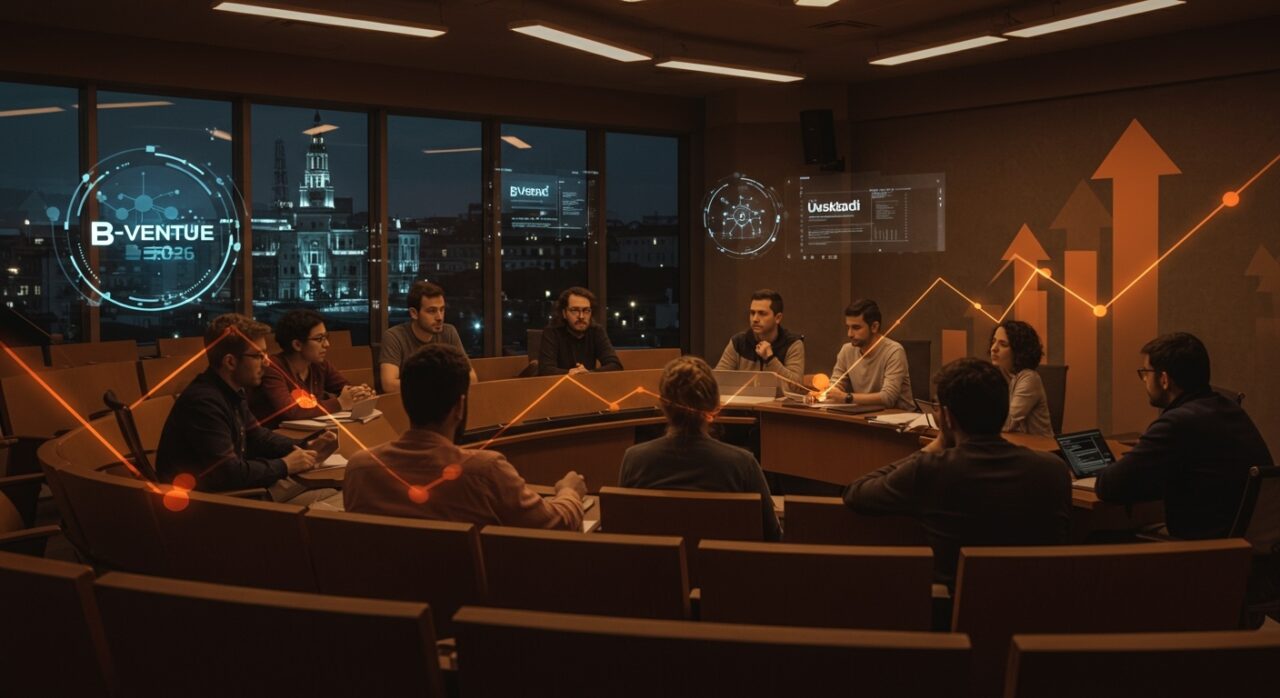 Grupo de startups entrenando en la Universidad de Deusto preparándose para B-Venture 2026 en Bilbao con metáforas visuales de crecimiento y ecosistema emprendedor.