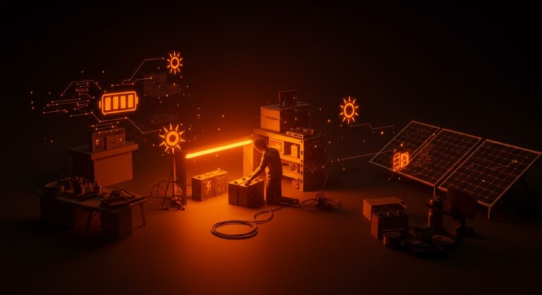 Proyecto DIY con baterías recicladas y paneles solares representando innovación en energía renovable y almacenamiento sostenible.