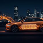 Coche eléctrico con batería semisólida MG SolidCore iluminada, destacando innovación y sostenibilidad en movilidad eléctrica en Europa.