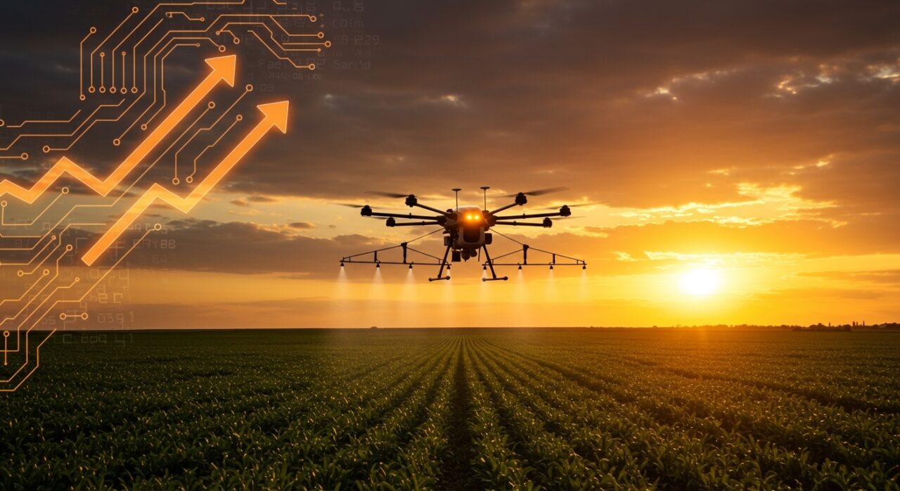 Dron agrícola de precisión aspersando cultivos, simbolizando la innovación y financiamiento en agricultura sostenible a nivel global.