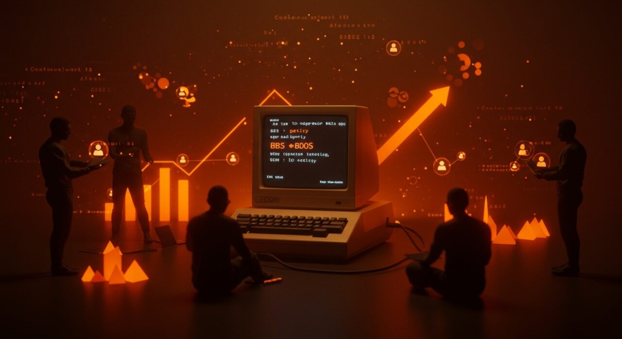 Pantalla vintage de BBS en IBM PC con fundadores tecnológicos conectándose, simbolizando escalabilidad e infraestructura TI en startups.