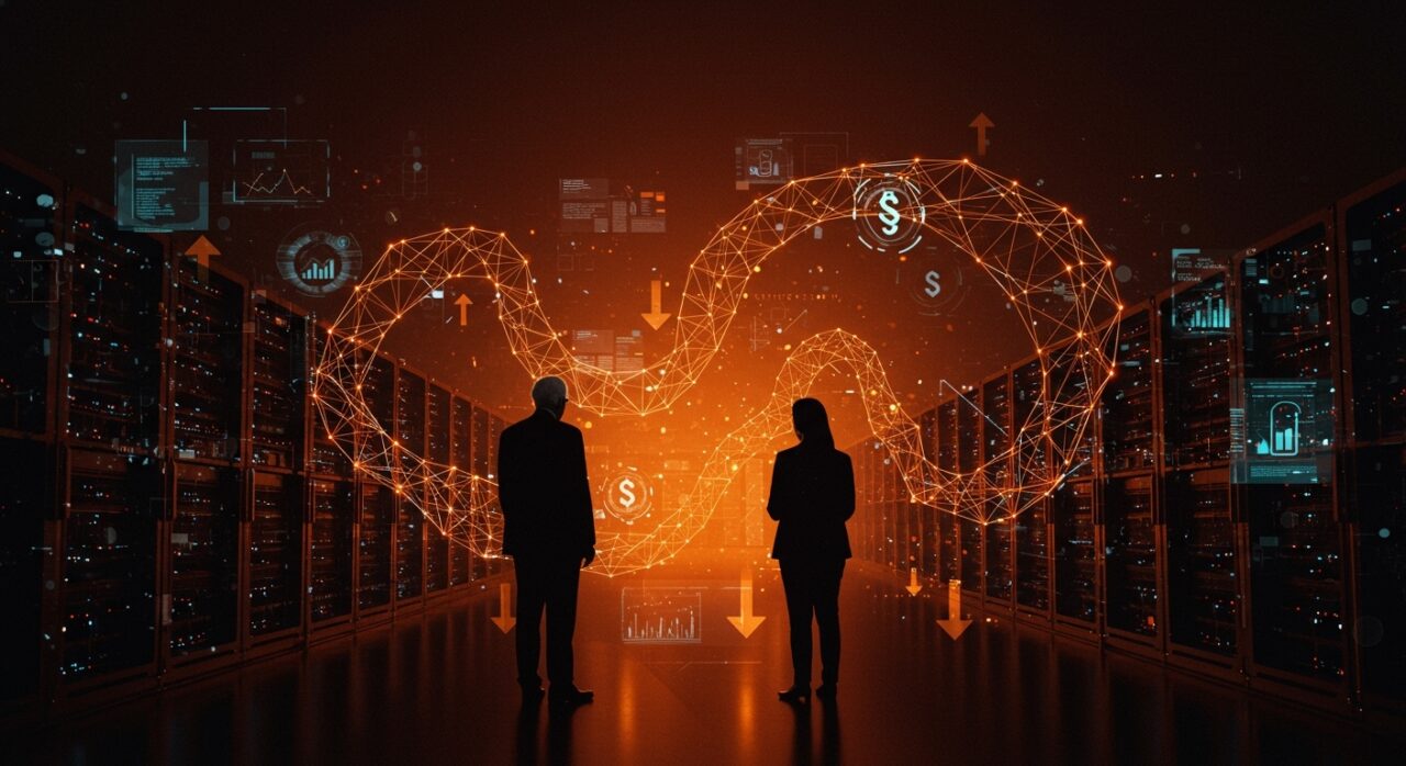 Bernie Sanders y Alexandria Ocasio-Cortez frente a centros de datos futuristas con elementos visuales de regulación de inteligencia artificial y suspensión de construcción.