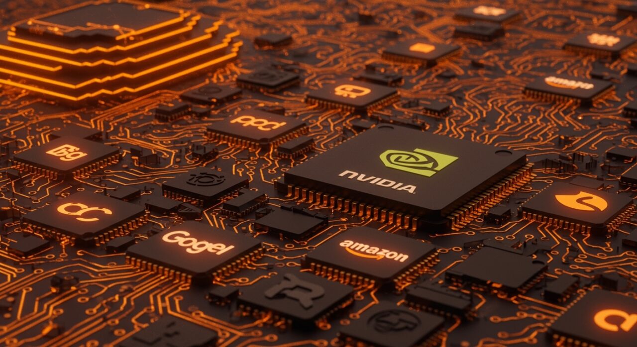 Hardware para IA con chips propios de Big Tech desafiando la dominancia de NVIDIA en un entorno tecnológico futurista.