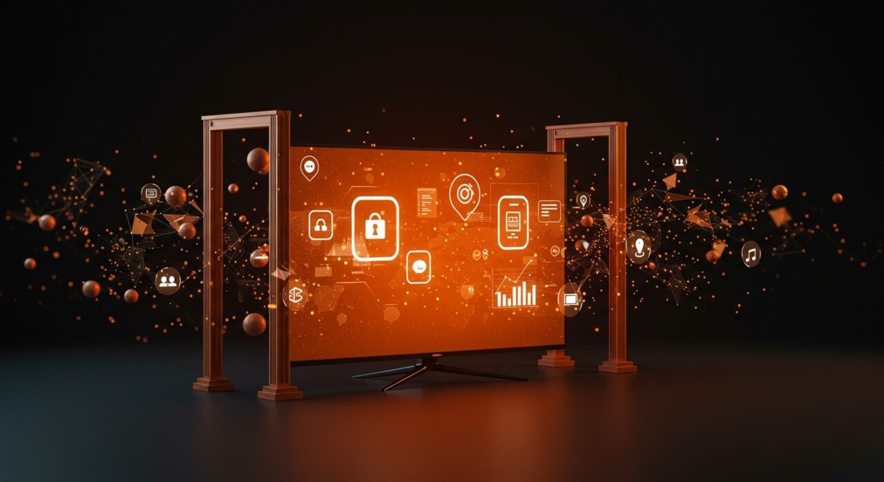 Smart TV con hologramas digitales que simbolizan la regulación de Big Tech bajo el Digital Markets Act en Europa.