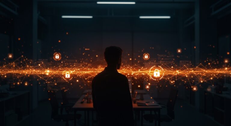 Vigilancia de metadatos en Canada 2026 con fundador de startup ante redes digitales, representando la regulación tecnológica y protección de datos según Bill C-22.