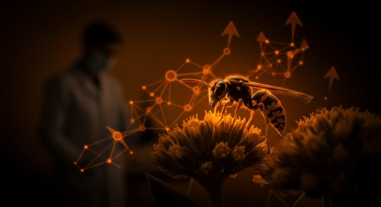 Macro fotográfico de avispa del Cerrado con veneno biotecnológico para cosméticos innovadores en startup latam.