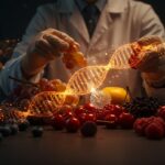 Startup chilena Bionaute usando IA y biotecnología RNA para combatir hongo Botrytis cinerea en uvas y berries, ilustrado con elementos tecnológicos y agrícolas en tonos naranja y negro.