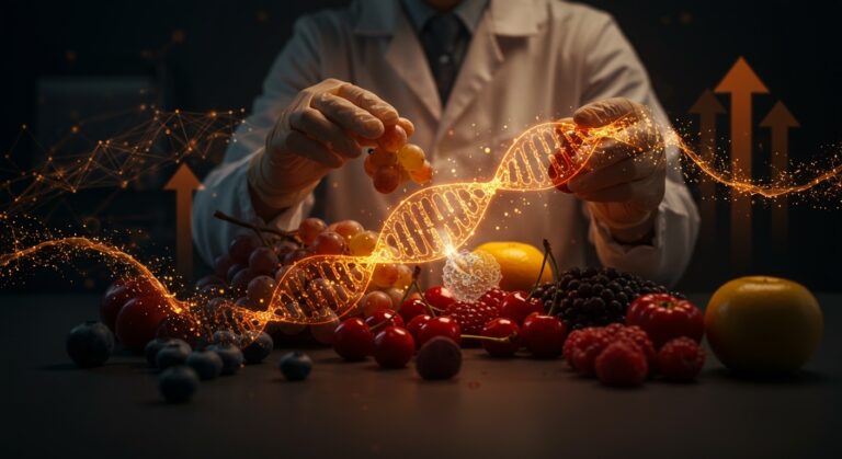 Startup chilena Bionaute usando IA y biotecnología RNA para combatir hongo Botrytis cinerea en uvas y berries, ilustrado con elementos tecnológicos y agrícolas en tonos naranja y negro.