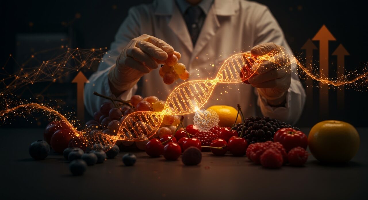 Startup chilena Bionaute usando IA y biotecnología RNA para combatir hongo Botrytis cinerea en uvas y berries, ilustrado con elementos tecnológicos y agrícolas en tonos naranja y negro.