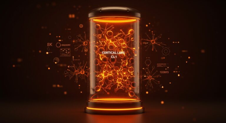 Bioordenador Cortical Labs CL1 con 200.000 neuronas humanas en un diseño futurista resaltando computación biológica y eficiencia energética.