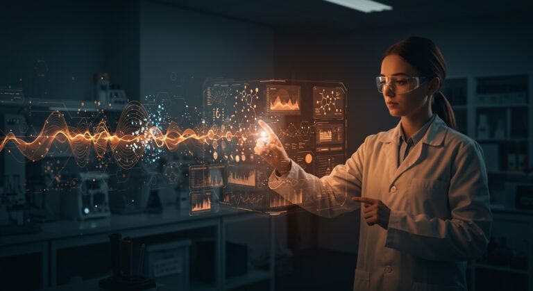 Inteligencia artificial Aika acelerando ensayos clínicos en laboratorio futurista con hologramas de datos y modelos de medicamentos.