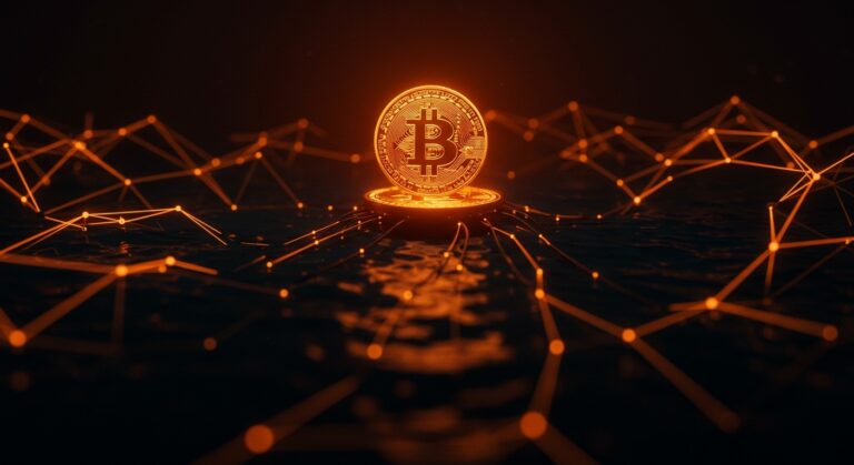 Ilustración de Bitcoin y cables submarinos representando la resiliencia y riesgos en la infraestructura digital de criptomonedas.