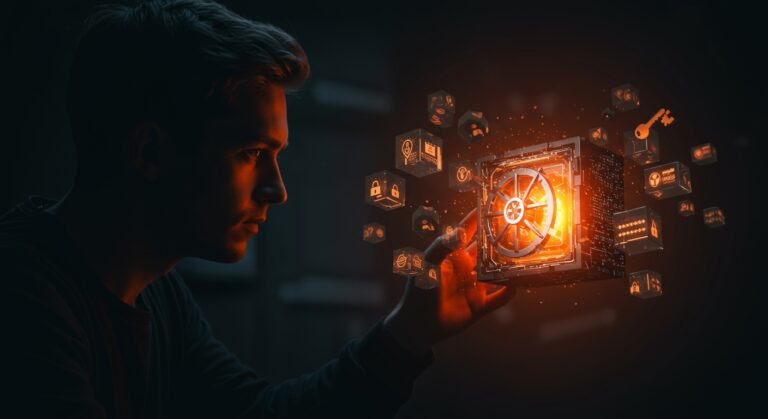 Imagen editorial cinematográfica que representa la gestión SaaS y el aumento de precios en Bitwarden, con énfasis en seguridad digital y comunicación al cliente.