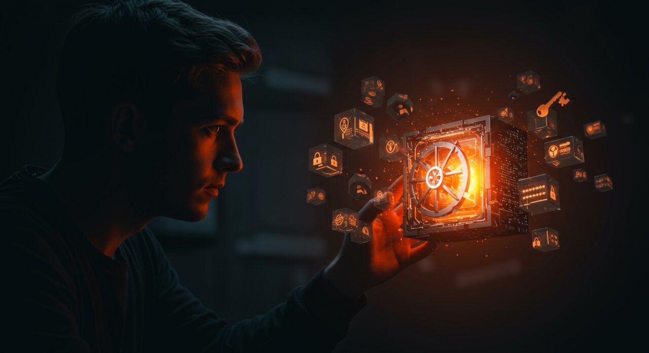 Imagen editorial cinematográfica que representa la gestión SaaS y el aumento de precios en Bitwarden, con énfasis en seguridad digital y comunicación al cliente.