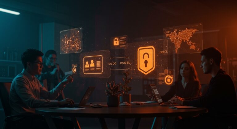 Interfaz digital segura con agentes de IA y credenciales gestionadas por Bitwarden y OneCLI para automatización en startups.