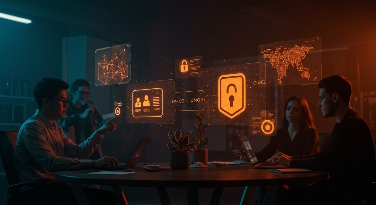 Interfaz digital segura con agentes de IA y credenciales gestionadas por Bitwarden y OneCLI para automatización en startups.