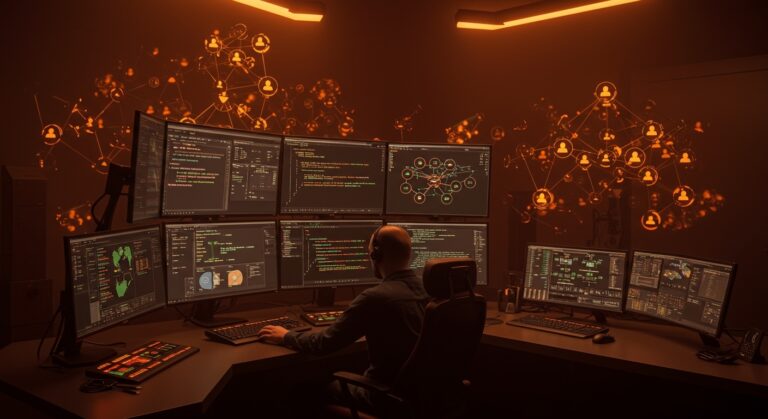 Desarrollador trabajando con Rust y PostgreSQL en un entorno de comunidades privadas descentralizadas escalables con AT Protocol Blacksky AppView.