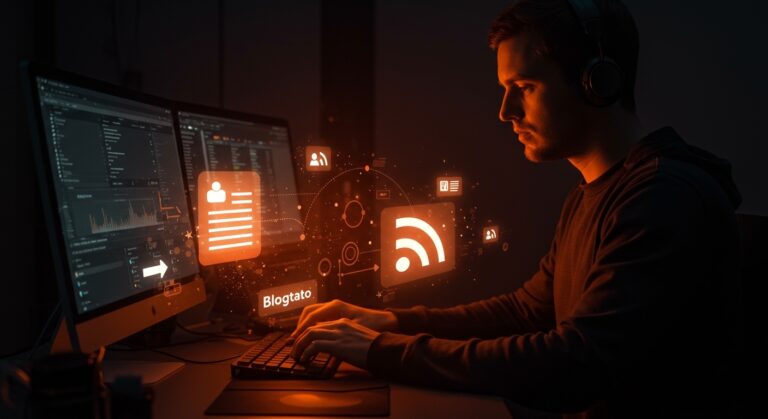 Interfaz visual de lector RSS CLI blogtato sincronizando feeds mediante Git en entorno de terminal con estilo Ecosistema Startup.