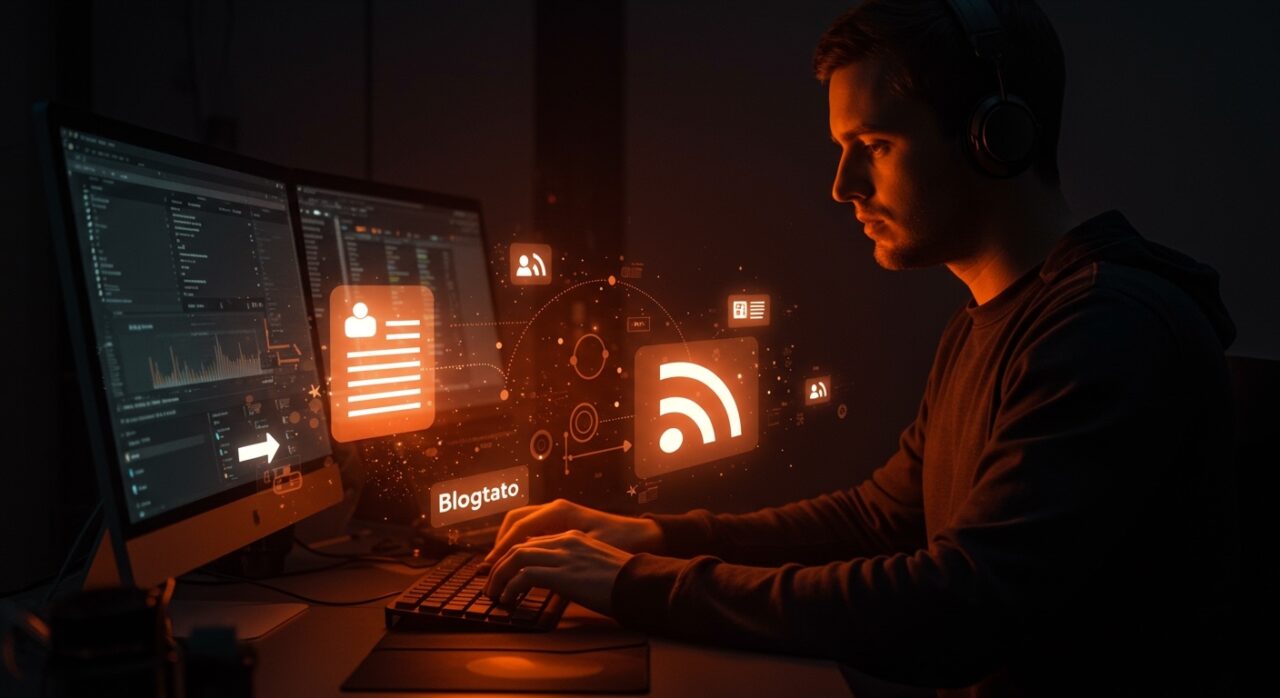 Interfaz visual de lector RSS CLI blogtato sincronizando feeds mediante Git en entorno de terminal con estilo Ecosistema Startup.