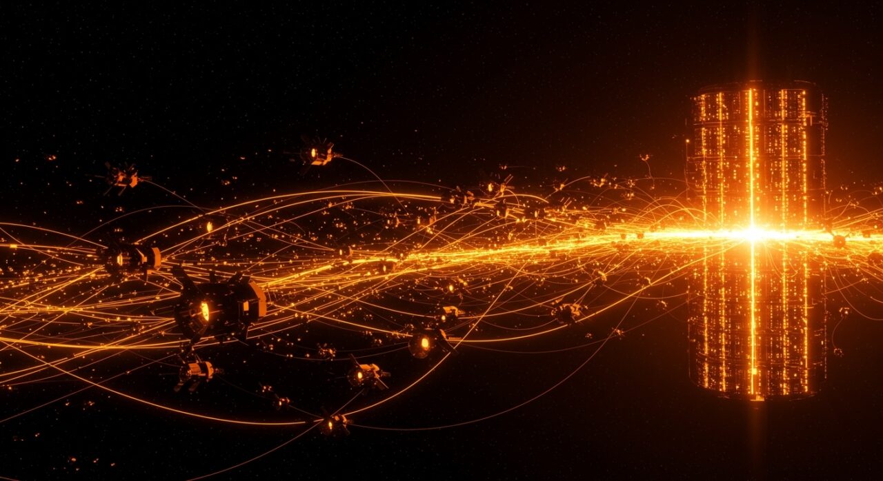 Satélites interconectados en órbita representando centros de datos satelitales y tecnología espacial de Blue Origin.