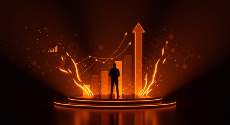 CEO de startup tecnológica celebrando financiamiento de serie B y liderazgo en ecosistema descentralizado de innovación tecnológica.