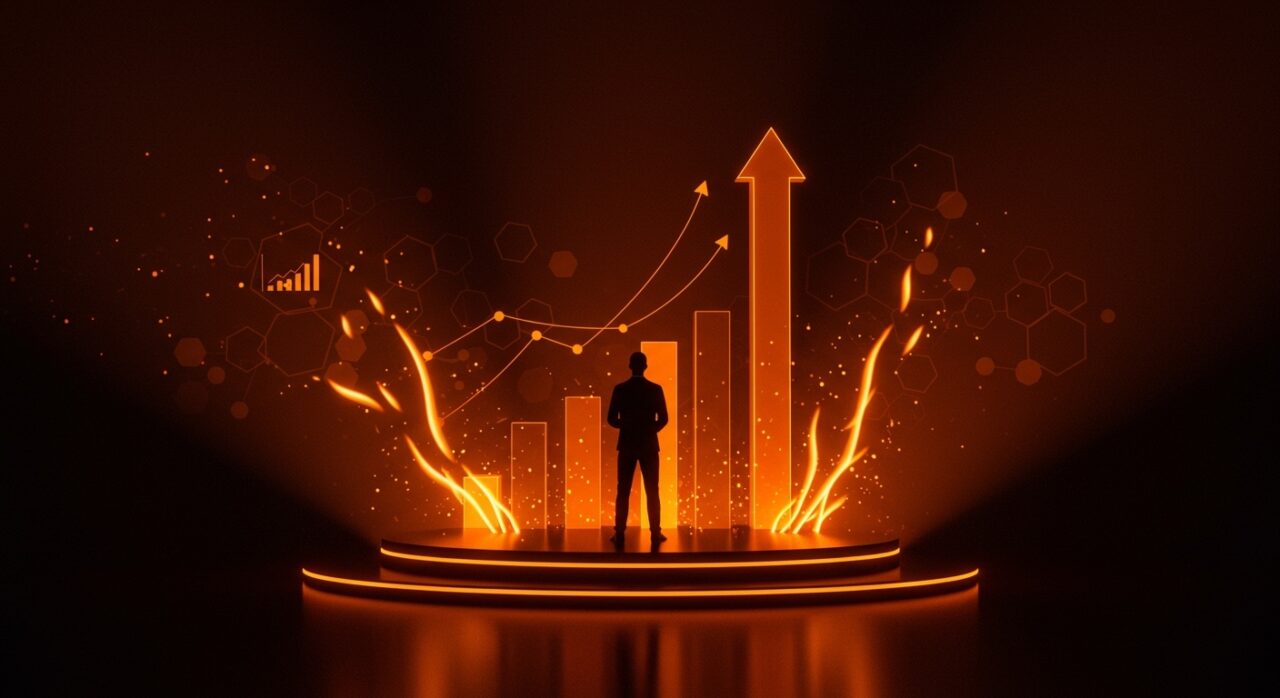 CEO de startup tecnológica celebrando financiamiento de serie B y liderazgo en ecosistema descentralizado de innovación tecnológica.