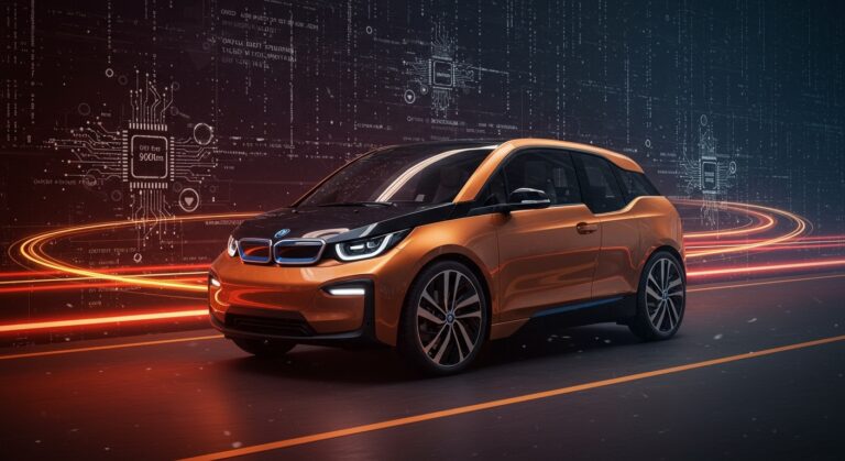 BMW i3 2026 en movimiento destacando movilidad eléctrica, autonomía de 900 km y tecnología de carga rápida innovadora.