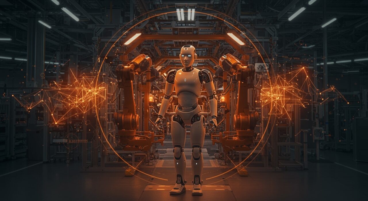 Robot humanoide AEON en planta BMW Leipzig representando innovación en automatización e IA en la industria automotriz.