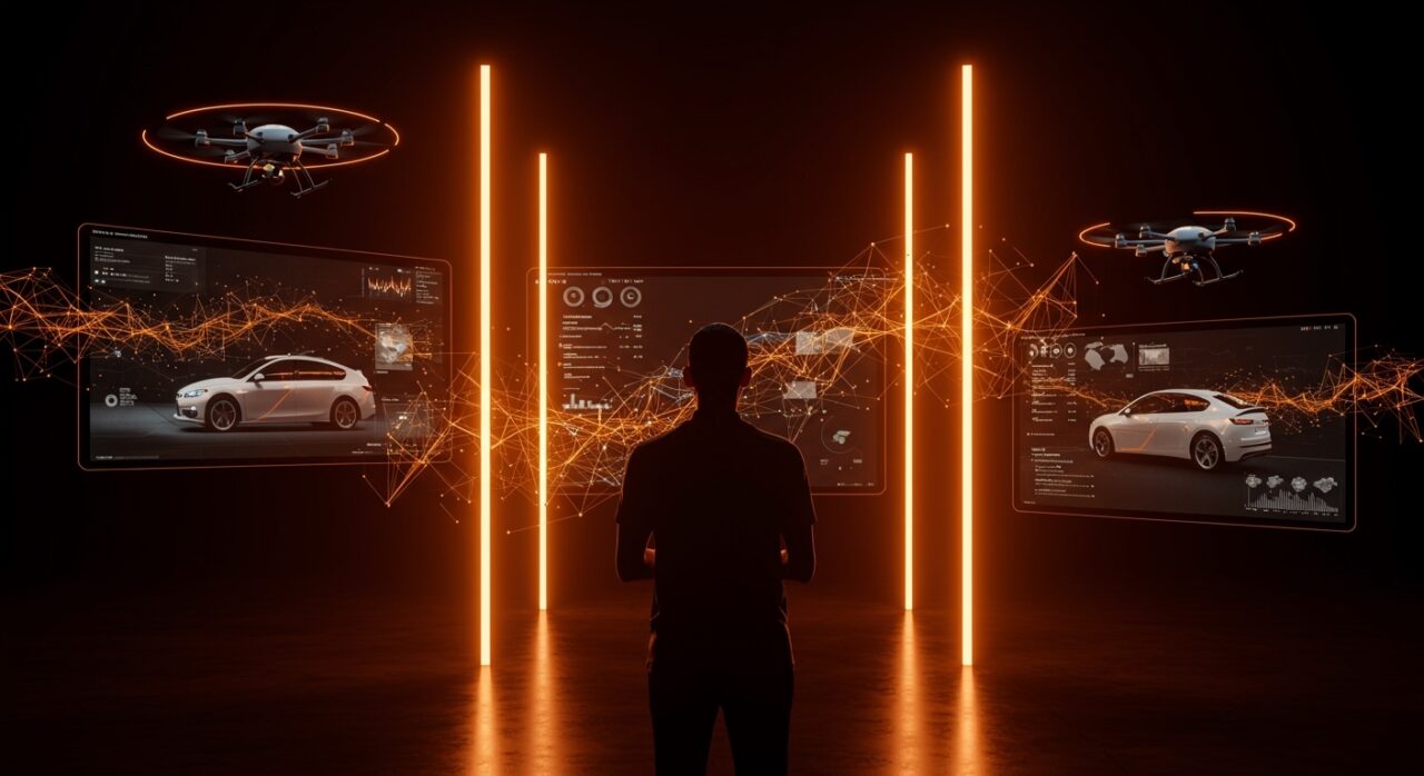 Sundar Pichai con interfaces futuristas de Waymo y Wing, simbolizando bonos vinculados a movilidad autónoma y tecnología de Alphabet.