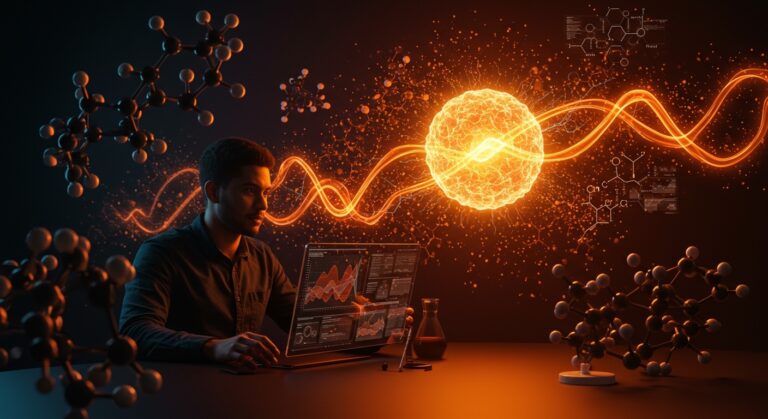 Inversión de Breakout Ventures en startups científicas de IA aplicada a biología, química y neurociencia con fondo tecnológico en naranja y negro.