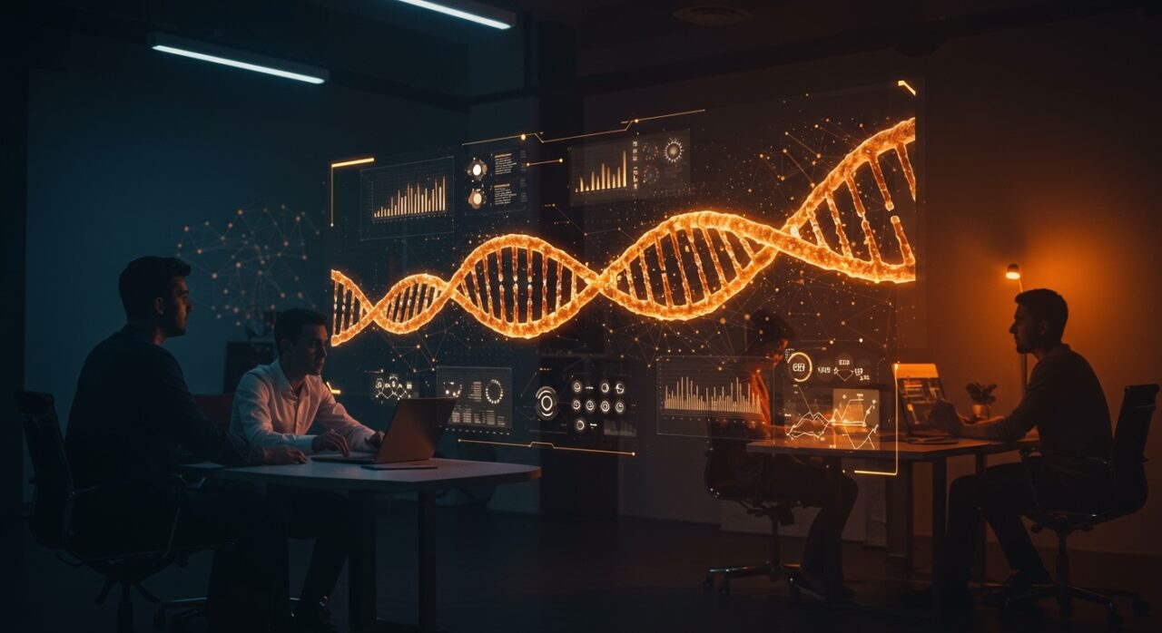 Financiamiento biotech e IA representado con emprendedores y redes neuronales integradas con ADN en un ambiente tecnológico naranjo y negro.