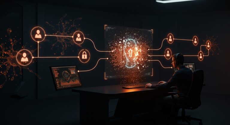 Ilustración de brechas en sistemas IAM demostrando riesgos de agentes autónomos de IA en Meta y su impacto en seguridad informática para startups.