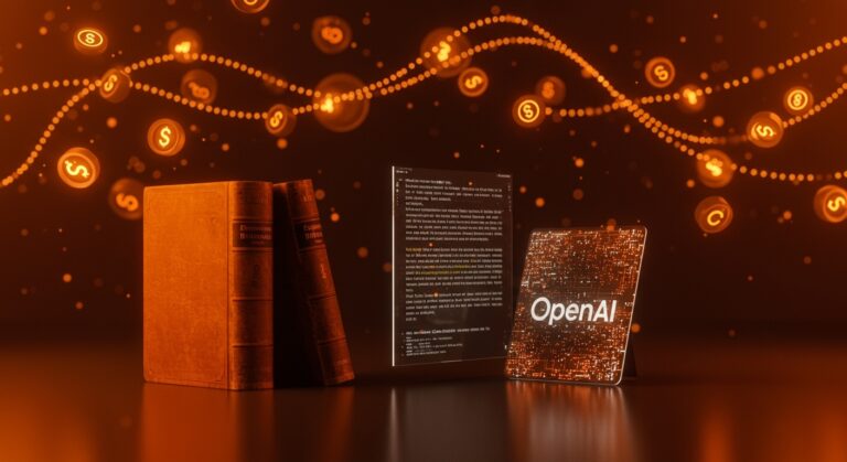 Representación visual de la demanda de Encyclopedia Britannica y Merriam-Webster a OpenAI por uso de contenido protegido para entrenamiento de IA.