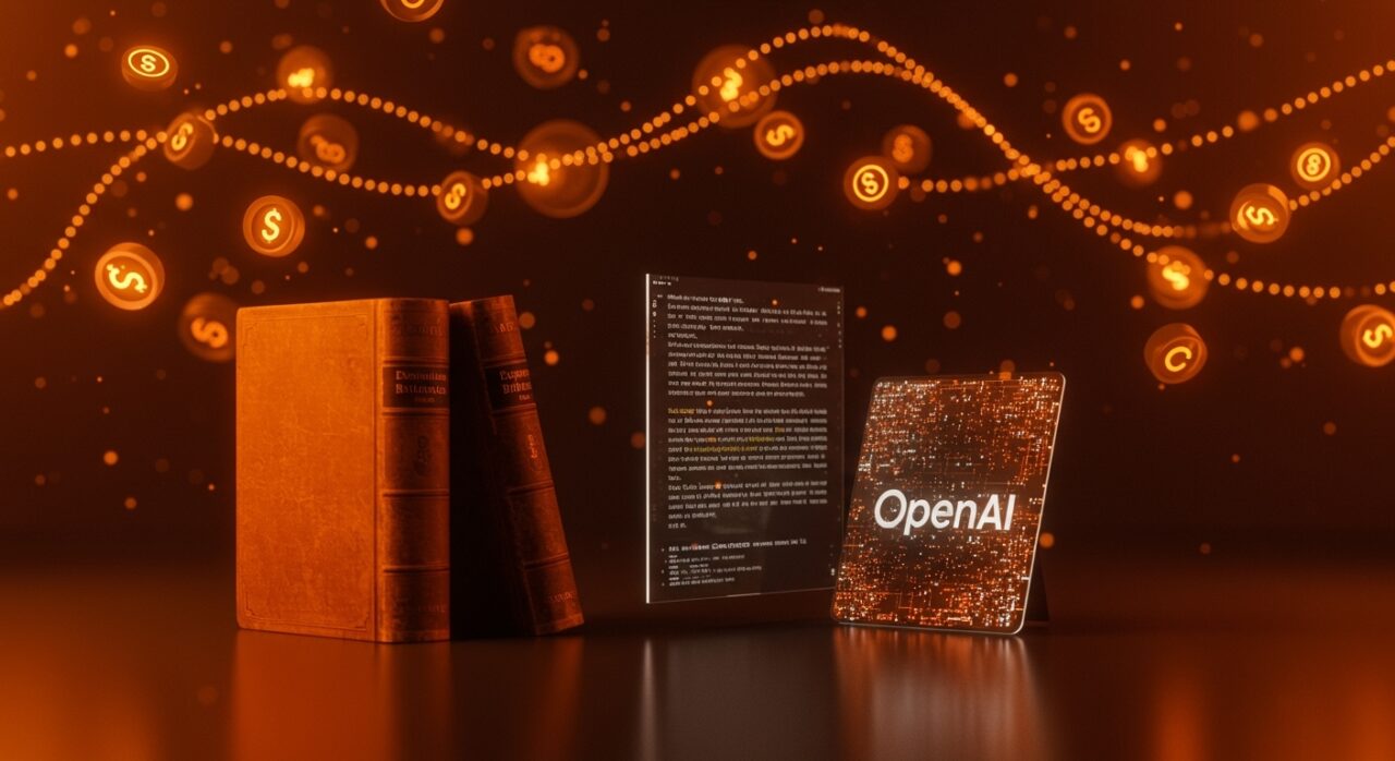 Representación visual de la demanda de Encyclopedia Britannica y Merriam-Webster a OpenAI por uso de contenido protegido para entrenamiento de IA.