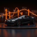 Bugatti La Voiture Noire destacada con elementos abstractos de innovación y movilidad eléctrica en un ambiente startup moderno.