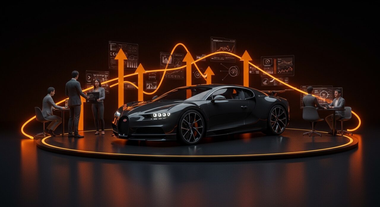 Bugatti La Voiture Noire destacada con elementos abstractos de innovación y movilidad eléctrica en un ambiente startup moderno.