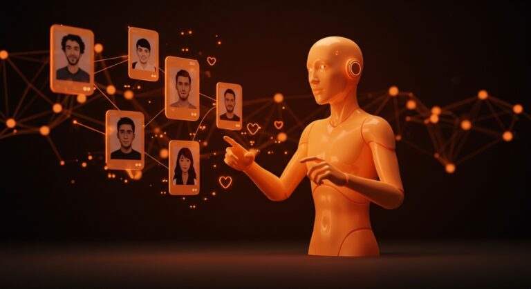 Bumble Bee asistente IA conversacional facilitando matchmaking sin swipes en apps de citas con inteligencia artificial, representado con colores naranja y negro.