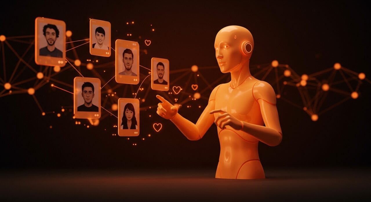 Bumble Bee asistente IA conversacional facilitando matchmaking sin swipes en apps de citas con inteligencia artificial, representado con colores naranja y negro.