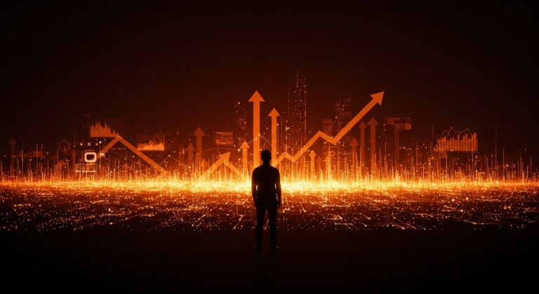 Fundador tech contemplando un paisaje digital de inteligencia artificial 2026 con símbolos de inversión tecnológica y crecimiento en startups LATAM.