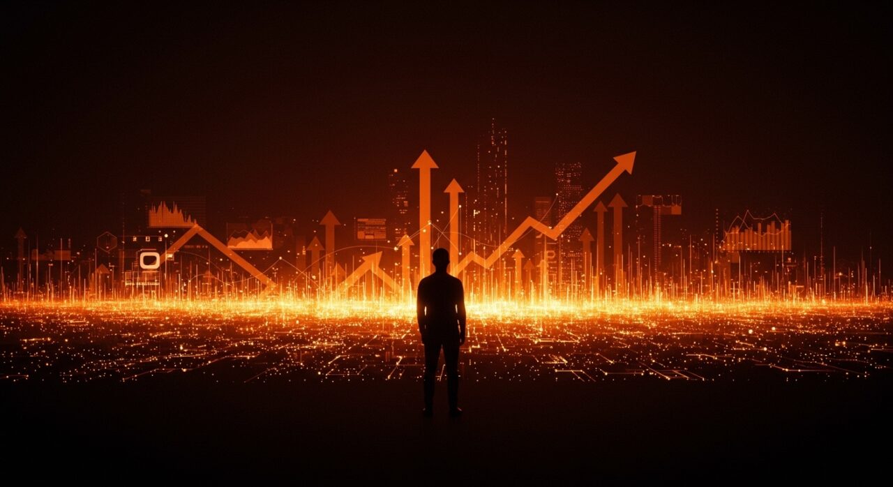 Fundador tech contemplando un paisaje digital de inteligencia artificial 2026 con símbolos de inversión tecnológica y crecimiento en startups LATAM.